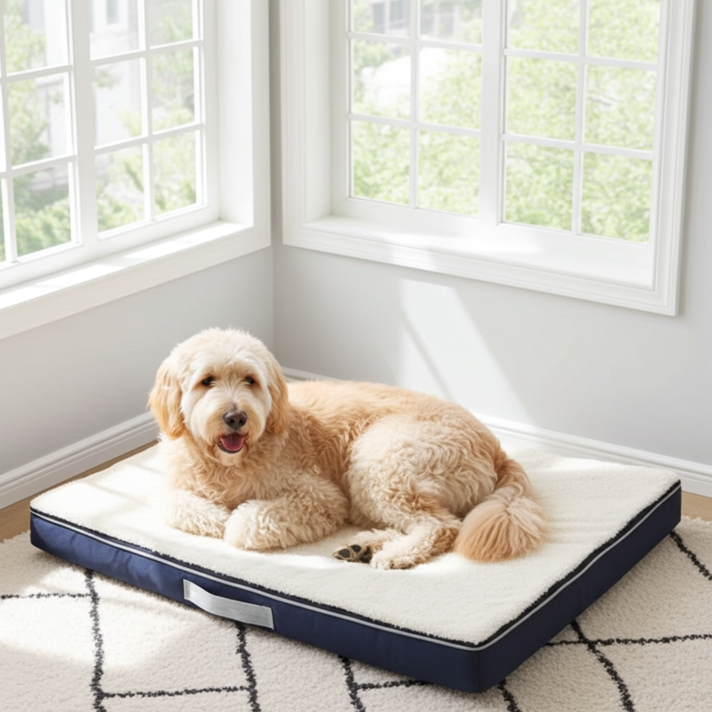 FAOLONE Memory Foam Dog Bed for Extra Large Dogs Washable Dog BedsOrthopedic Waterproof Large Dog Bed with Washable Removable Cover (M White Blue)